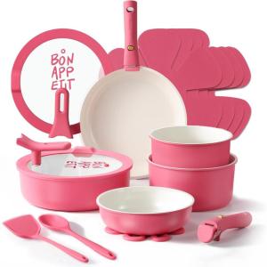 imageCAROTE 18Pcs Ceramic Cookware Set with Detachable Handle Pots and Pans Set Non Stick Non Toxic Kitchen Cooking Sets with StandUp Lid PFAS and PFOA Free Oven Safe Induction Ready PinkPink with standon lid