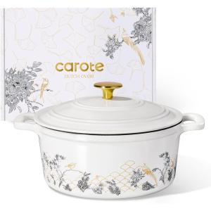 imageCAROTE 5QT Cast Iron Dutch Oven Pot with Lid Enameled Floral Dutch Ovens with Gift Box Cast Iron Pot for Sourdough Bread Baking Braising Stews Roasting Dual Handles Healthy ampamp NonToxic All Stovetop Compatible Oven Safe up to 500 F WhiteWhite Bird  Floral