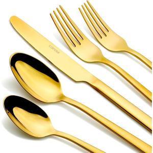 imageCAROTE Minimalism 20 Piece Silverware Set Flatware Sets for 4 1810 Stainless Steel Utensil Set with Spoons and Forks Mirror Finish Cutlery Set for Home and Kitchen Dishwasher Safe BlackGold