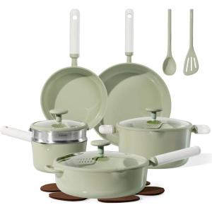 imageCAROTE Pots and Pans Set Non stick 15pcs Ceramic Cookware Set Nonstick Non Toxic CookwareDishwasherRVCamping Cookware SetGreen