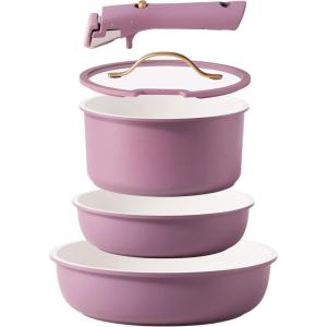 imageCAROTE 11pcs Ceramic Cookware Set Pots and Pans Set Non stick Induction Kitchen Cookware with Removable Handle RV Dishwasher  Oven Safe RVCamping Cookware PFOA Free PurpleMulticolor