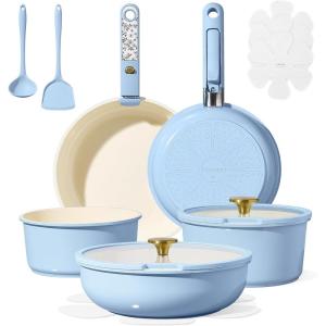 imageCAROTE 15Pcs Ceramic Cookware Set Pots and Pans Set Non Stick Kitchen Cooking Set with Detachable Handle Non Toxic Induction Cookware DishwasherOven Safe