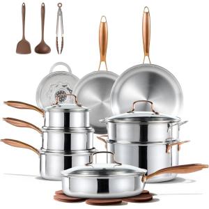 imageCAROTE 23pcs TriPly Stainless Steel Cookware Set Pots and Pans Set Non Toxic Induction Kitchen Cooking Sets Cookware Collection Mirror Polish SilverSilver