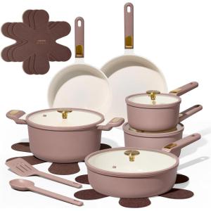 imageCAROTE Pots and Pans Set Non stick 18pcs NonStick Kitchen Set Induction Cookware Nontoxic Cooking Set DishwasherOven SafeCookware SetGreenMauve Pink