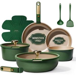 imageCAROTE 15Pcs Ceramic Cookware Set Pots and Pans Set Non stick Kitchen Cooking Set with Detachable Handle Non Toxic Induction Cookware DishwasherOven Safe PFAS Free BlackampGoldGreen