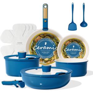 imageCAROTE 15Pcs Ceramic Cookware Set Pots and Pans Set Non stick Non Toxic Cookware Detachable Handle Induction Cookware DishwasherOven Safe RVCamping PFAS Free BlueampGoldBlue