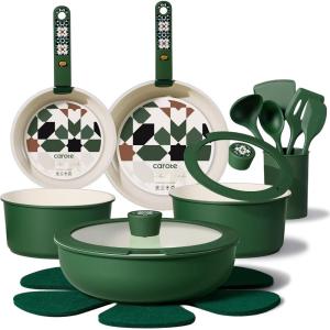 imageCAROTE 19Pcs Ceramic Cookware Set Pots and Pans Set Non stick Non Toxic Cookware Detachable Handle Kitchen Cooking Set  Induction Cookware DishwasherOven Safe PFAS Free ChocolateGreen