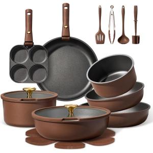 imageCAROTE 21pcs Pots and Pans Set Nonstick Cookware Set Detachable Handle Induction Kitchen Cookware Sets Non Stick with Removable Handle RV Cookware Set Oven Safe BrownBrown