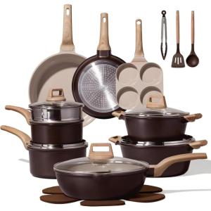 imageCAROTE 21 PCS Ceramic Cookware Set Pots and Pans Set Non Stick Pot and Pan Set with Frying Pan Induction Ready Cooking Set for Kitchen PFOSPFOAPFAS Free BrownBrown