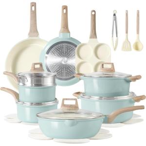 imageCAROTE 21 PCS Ceramic Cookware Set Pots and Pans Set Non Stick Pot and Pan Set with Frying Pan Induction Ready Cooking Set for Kitchen PFOSPFOAPFAS Free BrownBlue