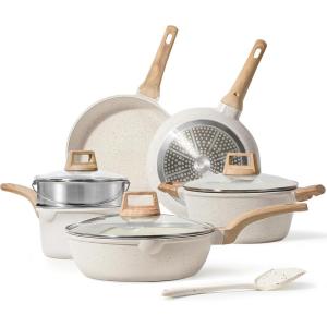 imageCAROTE 21 PCS Ceramic Cookware Set Pots and Pans Set Non Stick Pot and Pan Set with Frying Pan Induction Ready Cooking Set for Kitchen PFOSPFOAPFAS Free BrownCream White
