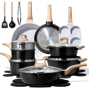 imageCAROTE 21 PCS Ceramic Cookware Set Pots and Pans Set Non Stick Pot and Pan Set with Frying Pan Induction Ready Cooking Set for Kitchen PFOSPFOAPFAS Free BrownBlack