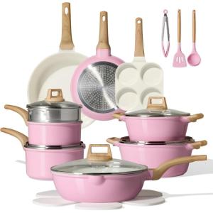 imageCAROTE 21 PCS Ceramic Cookware Set Pots and Pans Set Non Stick Pot and Pan Set with Frying pan Induction Ready Cooking Set for Kitchen PFOSPFOAPFAS Free PinkPink
