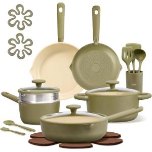 imageCAROTE 21pcs Cookware Set Nonstick Pots and Pans Set Ceramic Cookware Set Induction Cookware Non toxic Healthy Non Stick Kitchen Cooking Set PFAS PTFE FreeGreen