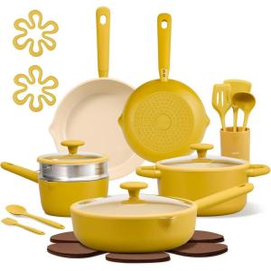 imageCAROTE 21pcs Cookware Set Nonstick Pots and Pans Set Ceramic Cookware Set Induction Cookware Non toxic Healthy Non Stick Kitchen Cooking Set PFAS PTFE FreeYellow