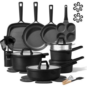imageCAROTE 28PCS Pots and Pans Set Nonstick Cookware Set Kitchen Non Stick Induction Titanium Cookware Nontoxic Granite Cooking set PFOA Free BlackBlack