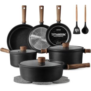 imageCAROTE Pots and Pans Set Non Stick 21PCS Cookware Set with Strainer Lid Induction Cooking Set with Kitchen Utensils Dark GreenBlack
