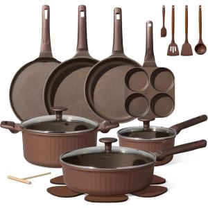 imageCAROTE Pots and Pans Set Non Stick 21PCS Cookware Set with Strainer Lid Induction Cooking Set with Kitchen Utensils Dark GreenBrown