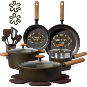 imageCAROTE Pots and Pans Set Non Stick 21PCS Cookware Set with Strainer Lid Induction Cooking Set with Kitchen Utensils Dark GreenGreen