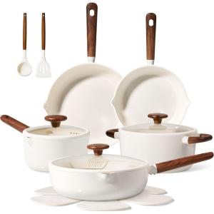 imageCAROTE Pots and Pans Set Non Stick 21PCS Cookware Set with Strainer Lid Induction Cooking Set with Kitchen Utensils Dark GreenWhite