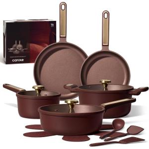 imageCAROTE Pots and Pans Set Nonstick 16pcs Cookware Set Nonstick NonToxic amp PFOAampPFOSFree Dishwasher RVCamping Cookware Set Cooking Pots with Lids BrownWine Red
