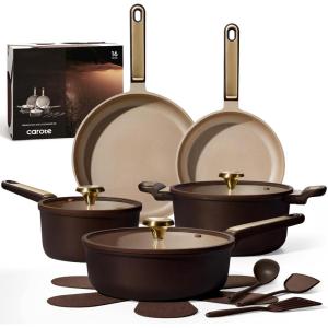 imageCAROTE Pots and Pans Set Nonstick 16pcs Cookware Set Nonstick NonToxic amp PFOAampPFOSFree Dishwasher RVCamping Cookware Set Cooking Pots with Lids BrownBrown
