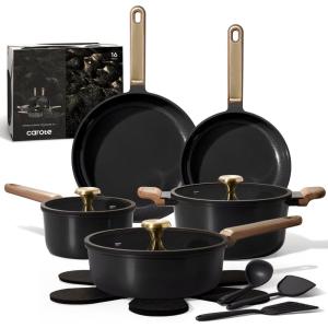 imageCAROTE Pots and Pans Set Nonstick 16pcs Cookware Set Nonstick NonToxic amp PFOAampPFOSFree Dishwasher RVCamping Cookware Set Cooking Pots with Lids BrownCharcoal Black