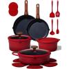 imageCAROTE 20Pcs Titanium Cookware Set Pots and Pans Set Non Stick Kitchen Cooking Set with Detachable Handle Non Toxic Induction Cookware  Camping Cookware DishwasherOven Safe Red