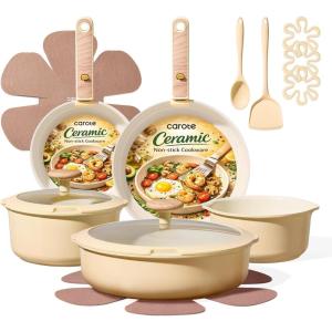 imageCAROTE 18Pcs Ceramic Cookware Set with Detachable Handle Pots and Pans Set Non Stick Non Toxic Cookware Set Removable Handles Induction Kitchen Cookware Sets DishwasherOven SafeYellow