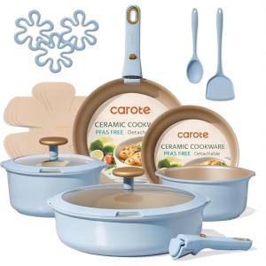 imageCAROTE 18Pcs Ceramic Cookware Set with Detachable Handle Pots and Pans Set Non Stick Non Toxic Cookware Set Removable Handles Induction Kitchen Cookware Sets DishwasherOven SafeBlue
