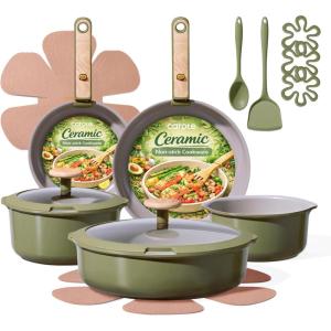 imageCAROTE 18Pcs Ceramic Cookware Set with Detachable Handle Pots and Pans Set Non Stick Non Toxic Cookware Set Removable Handles Induction Kitchen Cookware Sets DishwasherOven SafeGreen