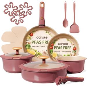 imageCAROTE 18Pcs Ceramic Cookware Set with Detachable Handle Pots and Pans Set Non Stick Non Toxic Cookware Set Removable Handles Induction Kitchen Cookware Sets DishwasherOven SafeRed