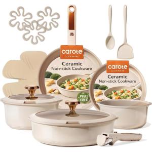 imageCAROTE 18Pcs Ceramic Cookware Set with Detachable Handle Pots and Pans Set Non Stick Non Toxic Cookware Set Removable Handles Induction Kitchen Cookware Sets DishwasherOven SafeBronze