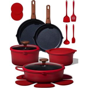 imageCAROTE 20Pcs Titanium Cookware Set Pots and Pans Set Non Stick Kitchen Cooking Set with Detachable Handle Non Toxic Induction Cookware  Camping Cookware DishwasherOven Safe Red
