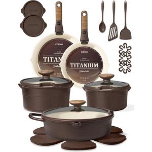 imageCAROTE 20Pcs Titanium Cookware Set Pots and Pans Set Non Stick Kitchen Cooking Set with Detachable Handle Non Toxic Induction Cookware DishwasherOven SafeBrown