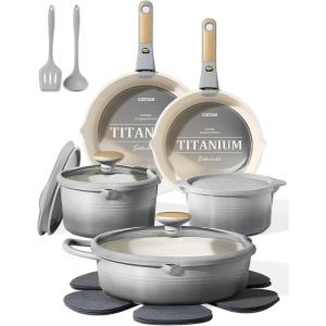imageCAROTE 20Pcs Titanium Cookware Set Pots and Pans Set Non Stick Kitchen Cooking Set with Detachable Handle Non Toxic Induction Cookware DishwasherOven SafeGradient Grey