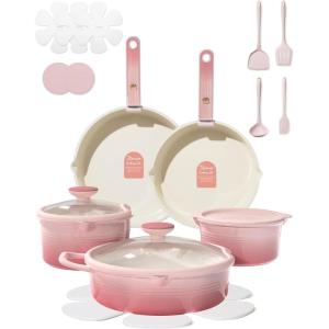 imageCAROTE 20Pcs Titanium Cookware Set Pots and Pans Set Non Stick Kitchen Cooking Set with Detachable Handle Non Toxic Induction Cookware DishwasherOven SafeGradient Pink