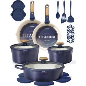 imageCAROTE 20Pcs Titanium Cookware Set Pots and Pans Set Non Stick Kitchen Cooking Set with Detachable Handle Non Toxic Induction Cookware DishwasherOven SafeBlue