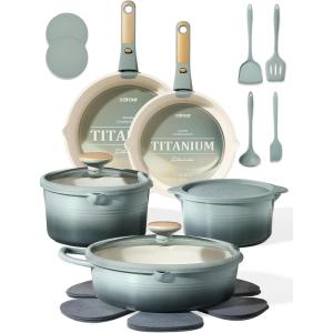 imageCAROTE 20Pcs Titanium Cookware Set Pots and Pans Set Non Stick Kitchen Cooking Set with Detachable Handle Non Toxic Induction Cookware DishwasherOven SafeGradient Green