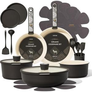 imageCAROTE 25Piece Ceramic Cookware Set Nonstick Pots and Pans Set with Detachable Handle NonToxic Kitchen Cooking Set Dishwasher amp Oven Safe Induction Compatible PFAS Free GreenCharcoal