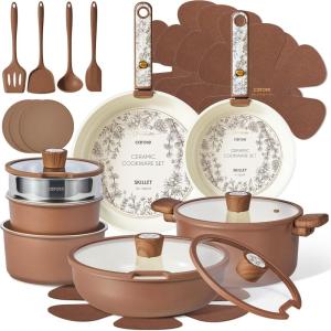 imageCAROTE 25Piece Ceramic Cookware Set Nonstick Pots and Pans Set with Detachable Handle NonToxic Kitchen Cooking Set Dishwasher amp Oven Safe Induction Compatible PFAS Free GreenChocolate