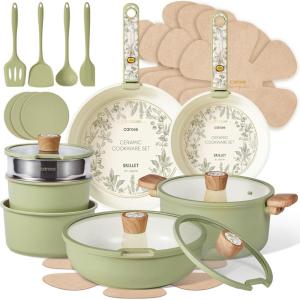 imageCAROTE 25Piece Ceramic Cookware Set Nonstick Pots and Pans Set with Detachable Handle NonToxic Kitchen Cooking Set Dishwasher amp Oven Safe Induction Compatible PFAS Free GreenGreen