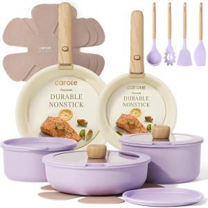 imageCAROTE Pots and Pans Set Nonstick Cookware Set Detachable Handle 19pcs Induction Kitchen Cookware Sets Non Stick with Removable Handle RV Cookware Set Oven Safe PinkPurple