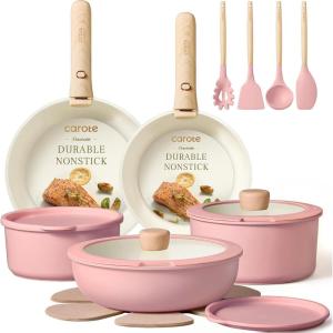 imageCAROTE Pots and Pans Set Nonstick Cookware Set Detachable Handle 19pcs Induction Kitchen Cookware Sets Non Stick with Removable Handle RV Cookware Set Oven Safe PinkPink