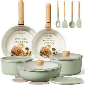 imageCAROTE Pots and Pans Set Nonstick Cookware Set Detachable Handle 19pcs Induction Kitchen Cookware Sets Non Stick with Removable Handle RV Cookware Set Oven Safe PinkSage Green