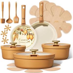 imageCarote 21pcs Ceramic Cookware Set with Detachable Handles Pots and Pans Set Non Stick RV Kitchen Cooking Pot and Pan Dishwasher Safe Nontoxic Induction Cookware PFAS and PFOA Free Olive GreenOrange