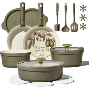 imageCarote 21pcs Ceramic Cookware Set with Detachable Handles Pots and Pans Set Non Stick RV Kitchen Cooking Pot and Pan Dishwasher Safe Nontoxic Induction Cookware PFAS and PFOA Free Olive GreenGreen