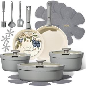 imageCarote 21pcs Ceramic Cookware Set with Detachable Handles Pots and Pans Set Non Stick RV Kitchen Cooking Pot and Pan Dishwasher Safe Nontoxic Induction Cookware PFAS and PFOA Free Olive GreenGray