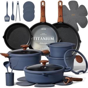 imageCAROTE 30Piece Titanium Cookware Set Nonstick Pots and Pans Set with Detachable Handle RV Kitchen Cooking Set Camping Use Induction Compatible Dishwasher amp Oven Safe
