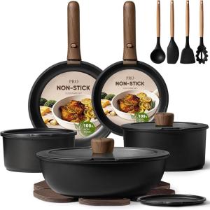 imageCAROTE 33pcs Pots and Pans Non Stick Cookware Sets Detachable Handle Induction Kitchen Pots and Pans NonStick Cooking Set OvenDishwasherFridge Safe Space SavingBlack